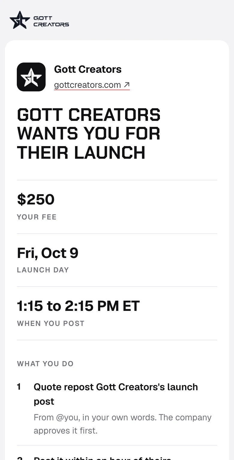 A creator offer on Gott Creators: $250 for the Gott Creators launch, Fri, Oct 9, posting between 1:15 and 2:15 PM ET.