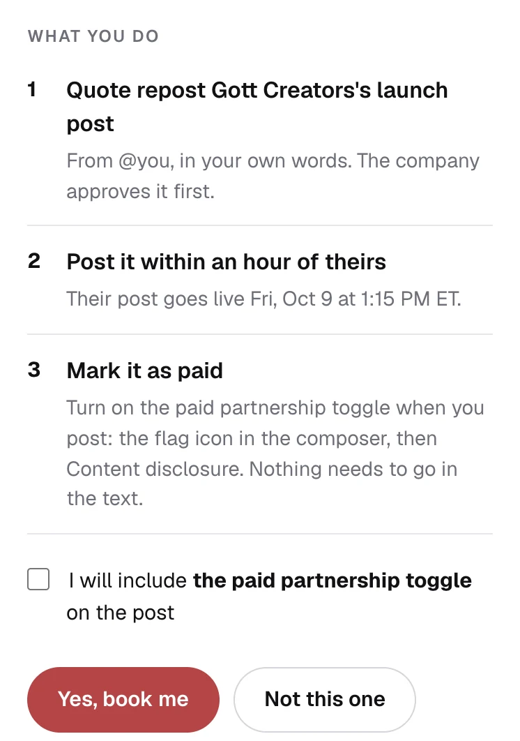 What a creator does on an offer: quote repost the launch post, post in your own time slot after theirs, mark it as paid, then accept.