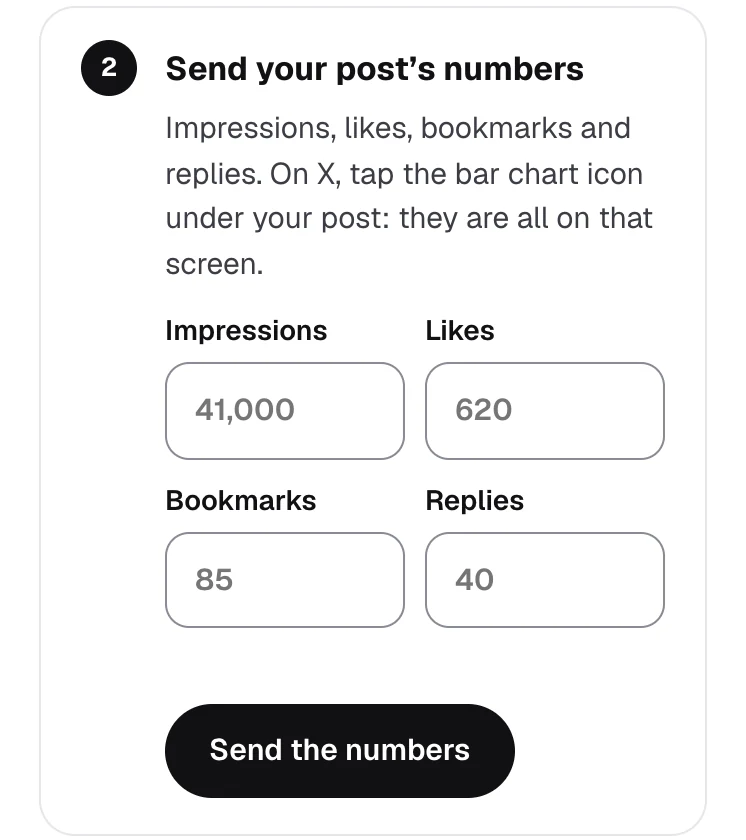 The get paid step: send the post impressions, likes, bookmarks and replies, then request the fee.