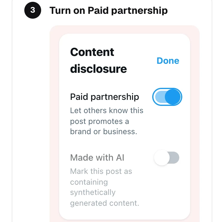 The posting step: turn on the paid partnership toggle in X before posting.